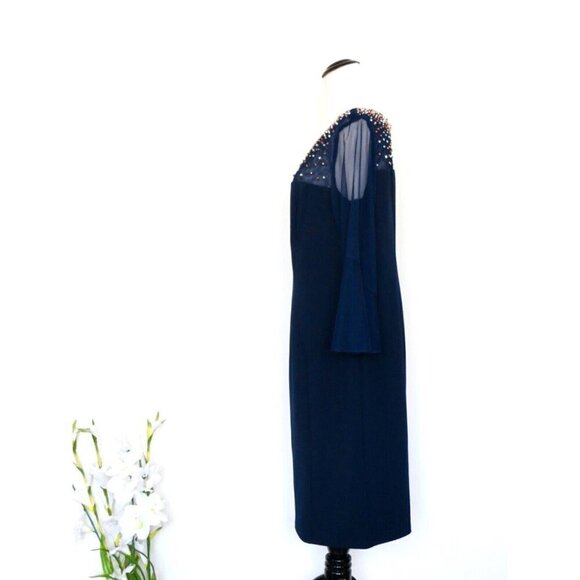 NEW! ALEX EVENINGS Sheath Crepe Dress Beaded Illusion Bell Sleeve Blue SZ 14P - Picture 6 of 11